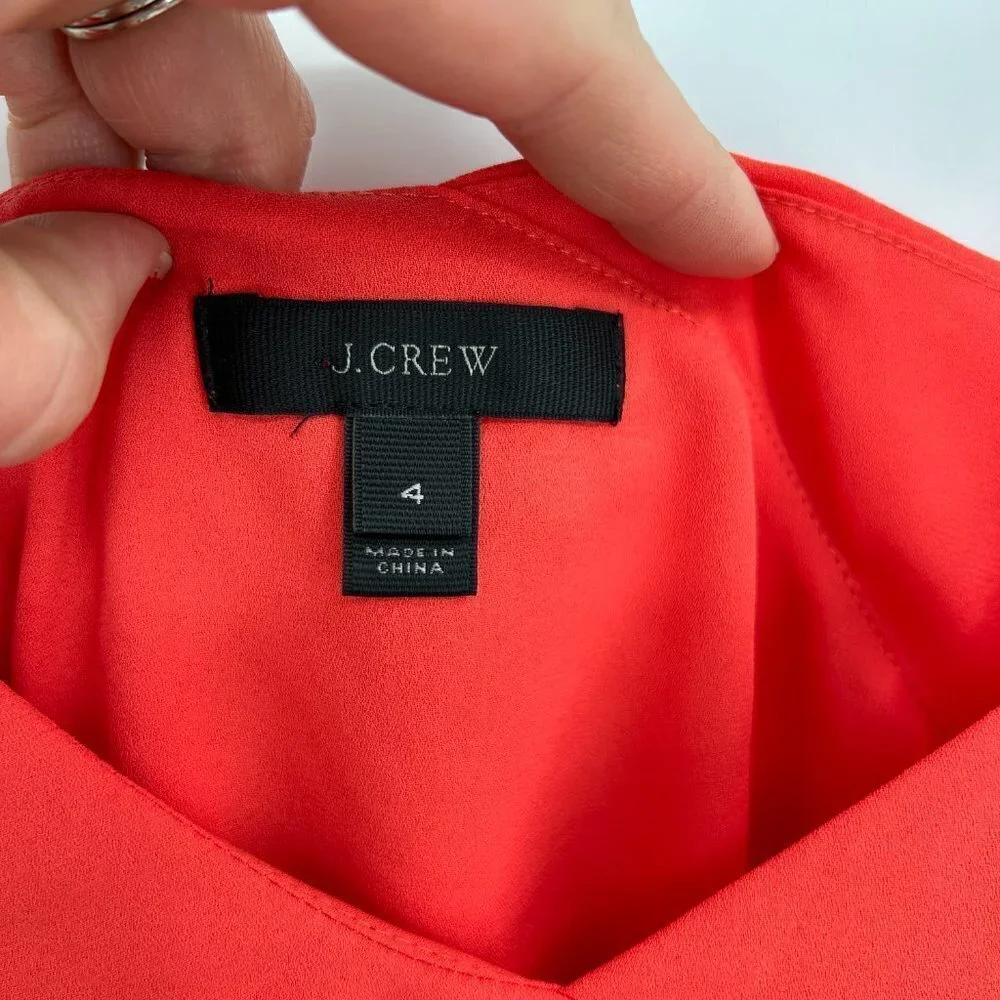 J. CREW Red Orange Coral Asymmetrical Spaghetti Strap Ruffle Blouse Top Size 4